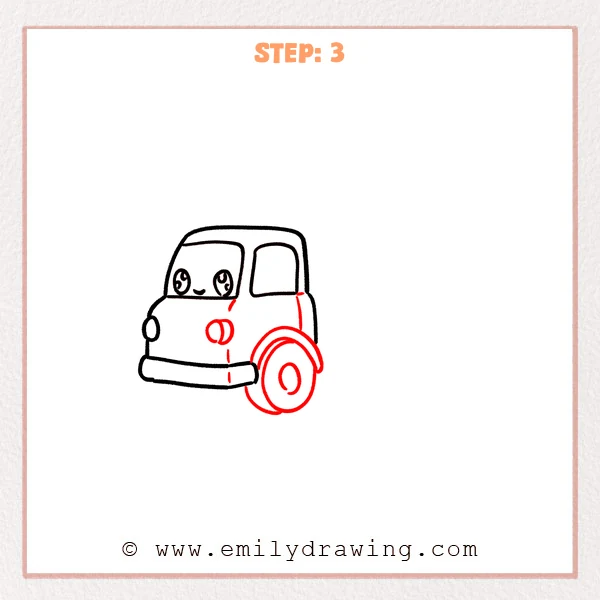 how to draw a dump truck - Step 3 adds the dump truck’s large rear wheel with a hub, a curved fender above it, and a simple door seam with a small round handle on the cab side.